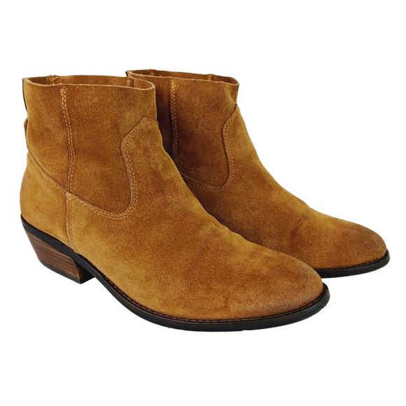 Dolce Vita SZ 9 Suede Booties Caramel Camel Brown Pull On Style 1 1/2" Heel - Picture 2 of 9